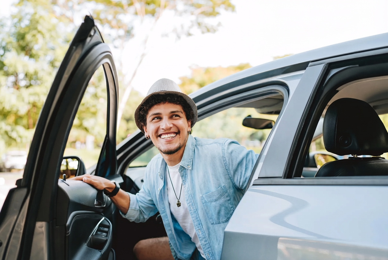 Happy man in car